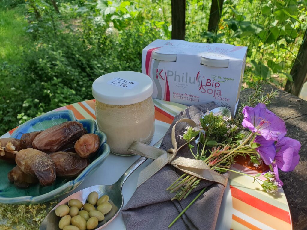 K-Philus Soja - Datte, spécialité végétale biologique fermentée, riche en ferments probiotiques, sans lactose, sans gluten. Vendu par lot de 2 pots dans les réseaux bio ou à l'unité en vente directe