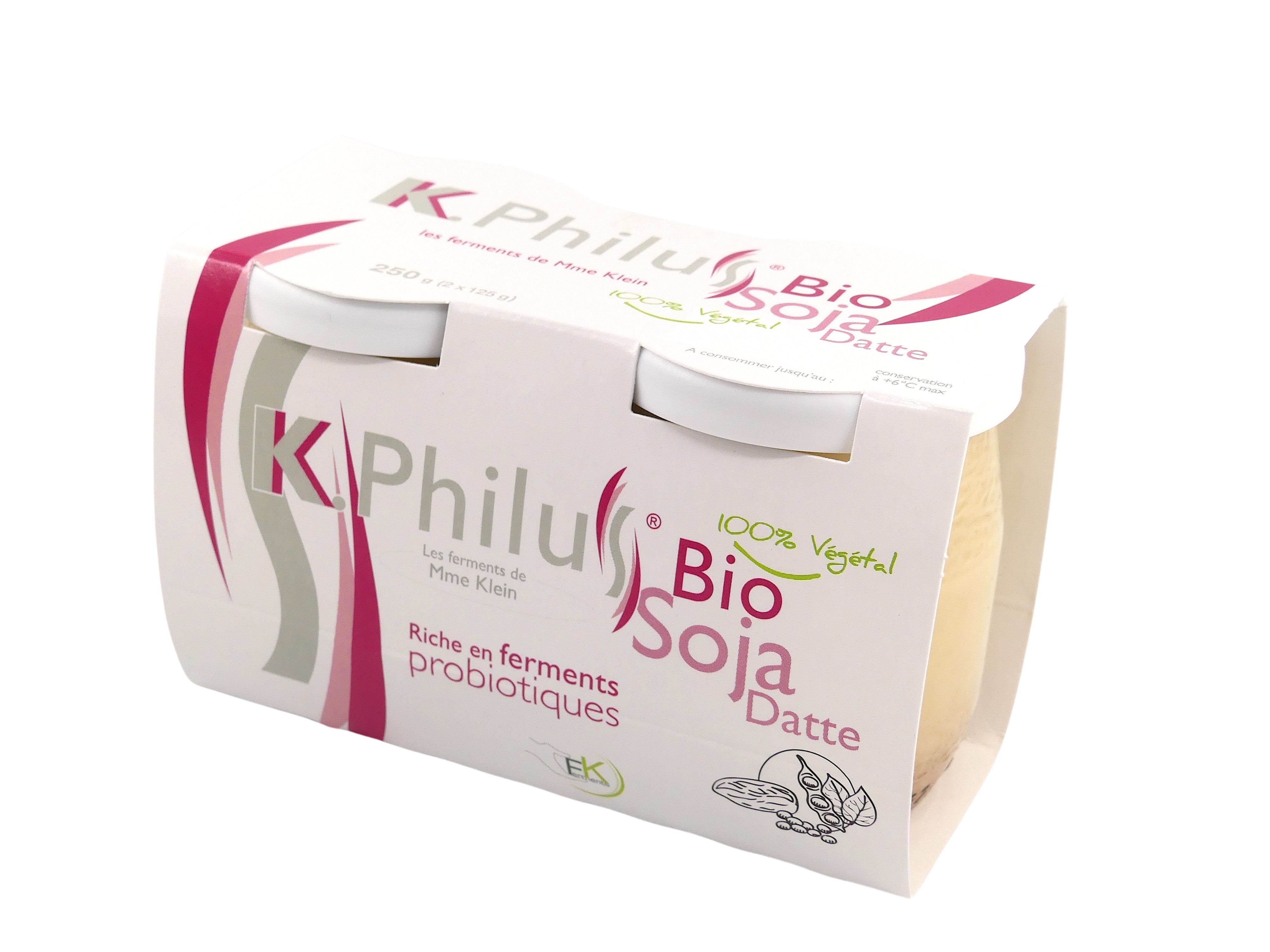 K-Philus 100% Végétal, Soja et poudre de dattes, lot de 2 pots de 125g, riche en ferments probiotiques.